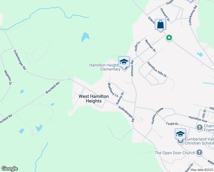map of restaurants, bars, coffee shops, grocery stores, and more near 981 Blueberry Lane in Chambersburg