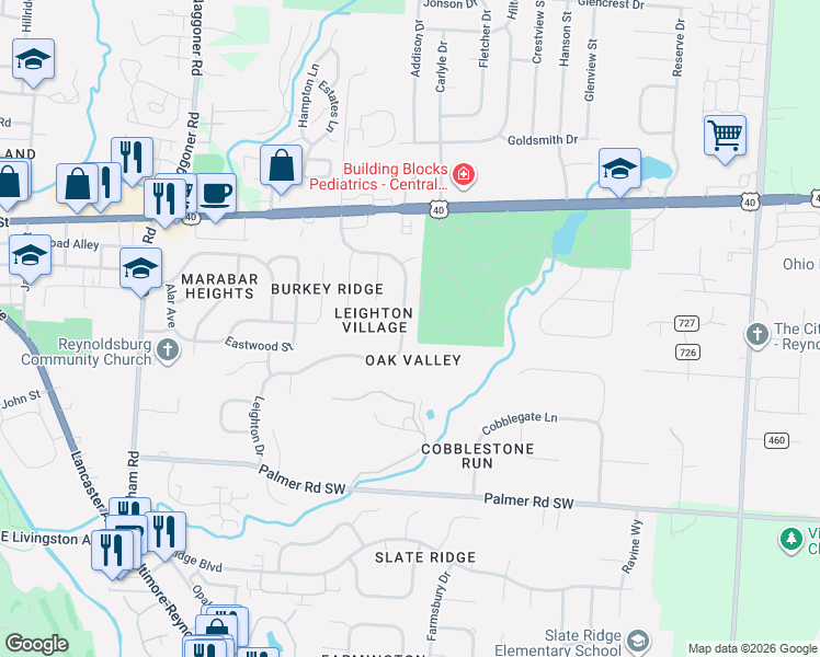 map of restaurants, bars, coffee shops, grocery stores, and more near 7931 Oak Valley Road in Reynoldsburg