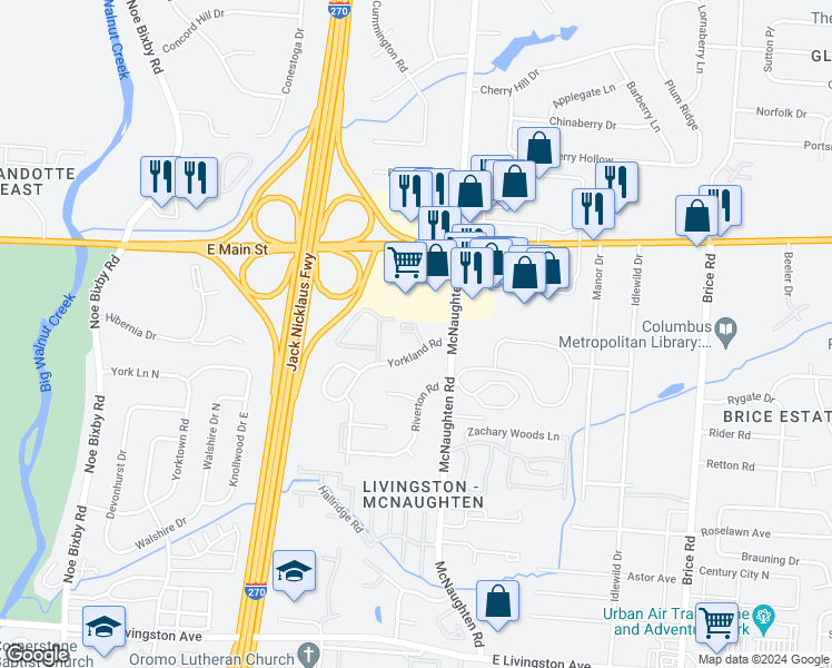 map of restaurants, bars, coffee shops, grocery stores, and more near 5880 Yorkland Court in Columbus