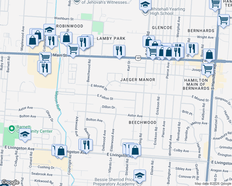 map of restaurants, bars, coffee shops, grocery stores, and more near 4020 East Mound Street in Columbus