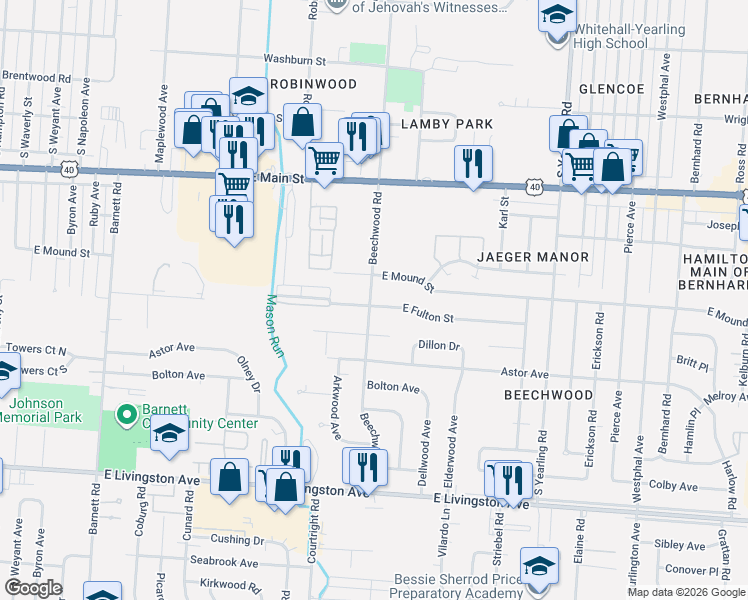 map of restaurants, bars, coffee shops, grocery stores, and more near 1010 Beechwood Road in Columbus