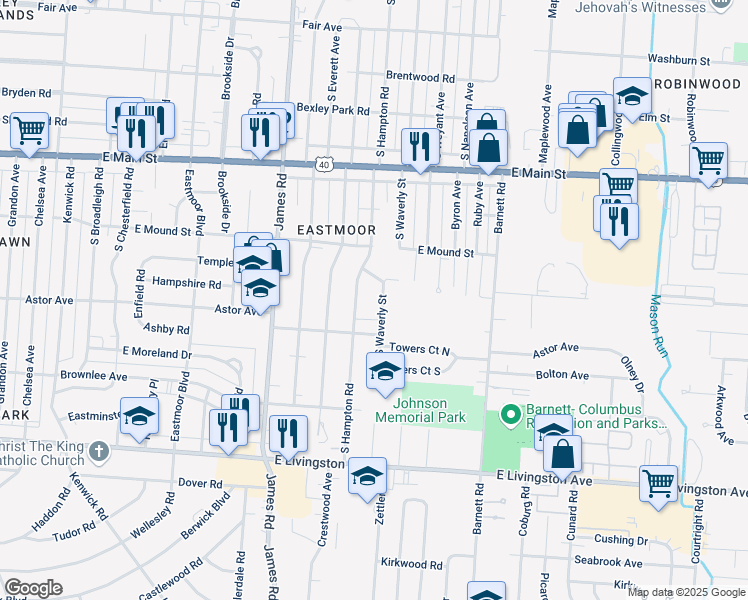 map of restaurants, bars, coffee shops, grocery stores, and more near 3251 East Fulton Street in Columbus