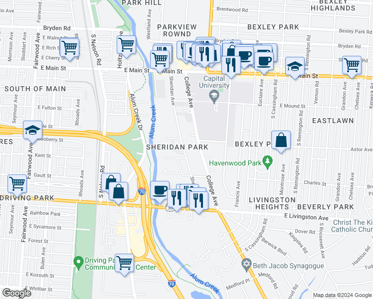 map of restaurants, bars, coffee shops, grocery stores, and more near 793 College Avenue in Bexley