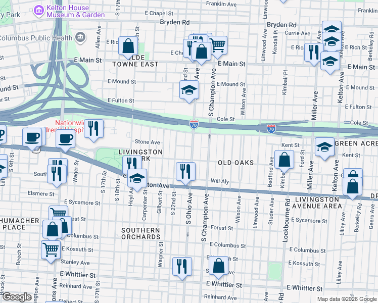 map of restaurants, bars, coffee shops, grocery stores, and more near 624 South Ohio Avenue in Columbus