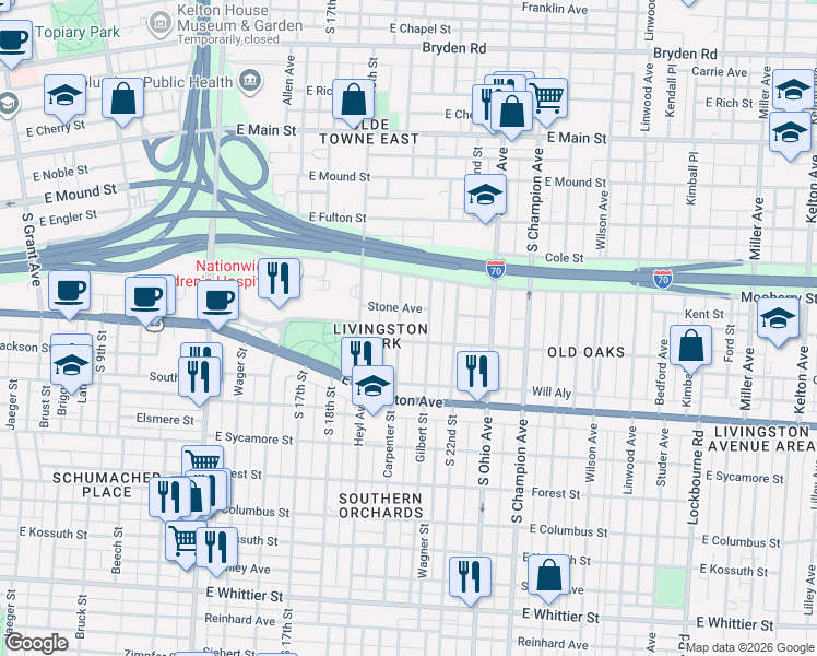 map of restaurants, bars, coffee shops, grocery stores, and more near 605 Gilbert Street in Columbus