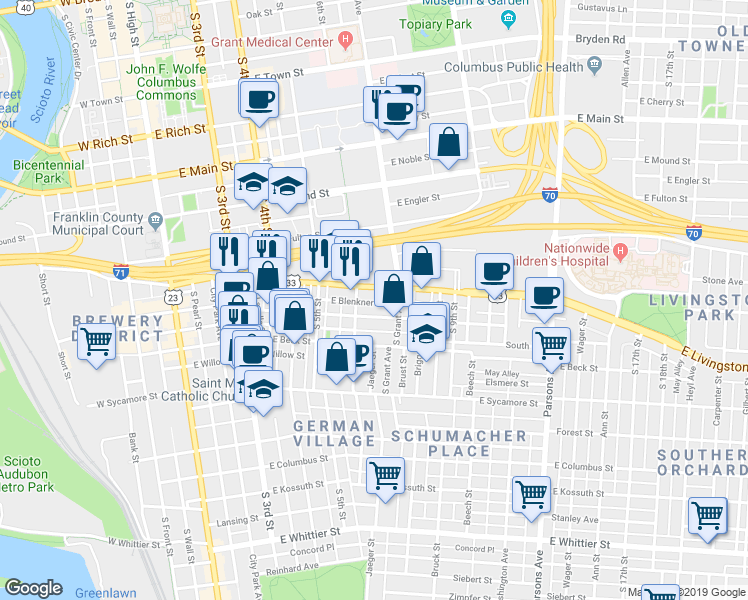 map of restaurants, bars, coffee shops, grocery stores, and more near in Columbus