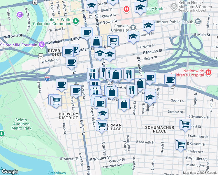 map of restaurants, bars, coffee shops, grocery stores, and more near 185 East Livingston Avenue in Columbus