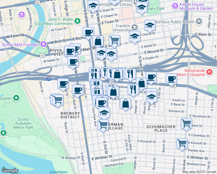 map of restaurants, bars, coffee shops, grocery stores, and more near 185 East Livingston Avenue in Columbus