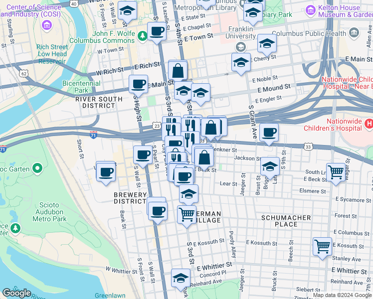map of restaurants, bars, coffee shops, grocery stores, and more near 133 East Livingston Avenue in Columbus