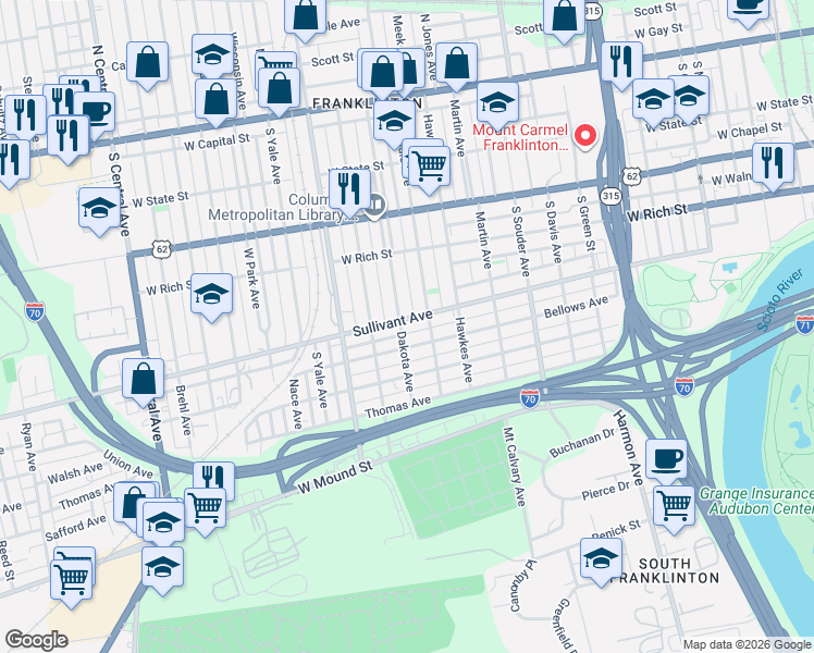 map of restaurants, bars, coffee shops, grocery stores, and more near 312 Dakota Avenue in Columbus