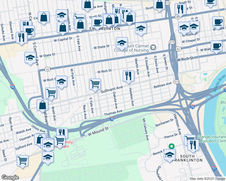 map of restaurants, bars, coffee shops, grocery stores, and more near 312 Dakota Avenue in Columbus