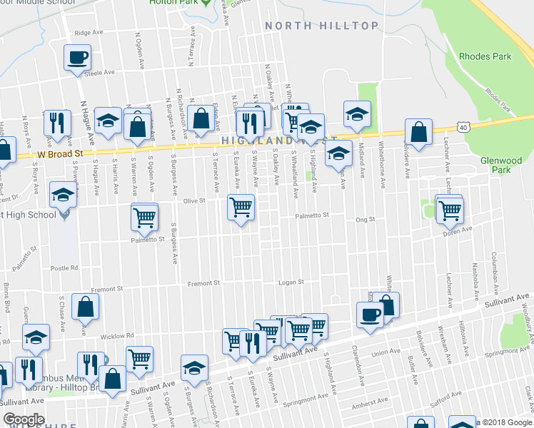 map of restaurants, bars, coffee shops, grocery stores, and more near 142 South Wayne Avenue in Columbus