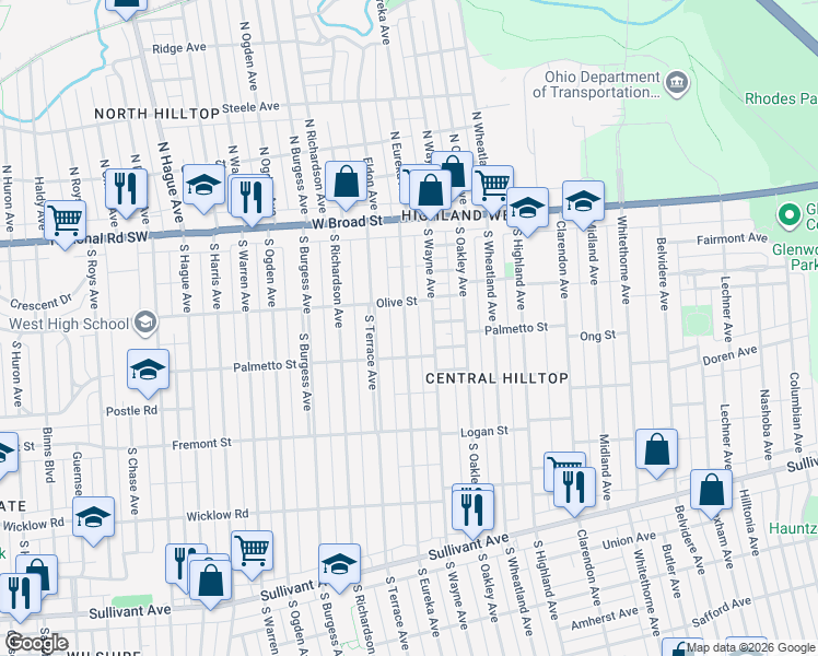 map of restaurants, bars, coffee shops, grocery stores, and more near 135 South Eureka Avenue in Columbus