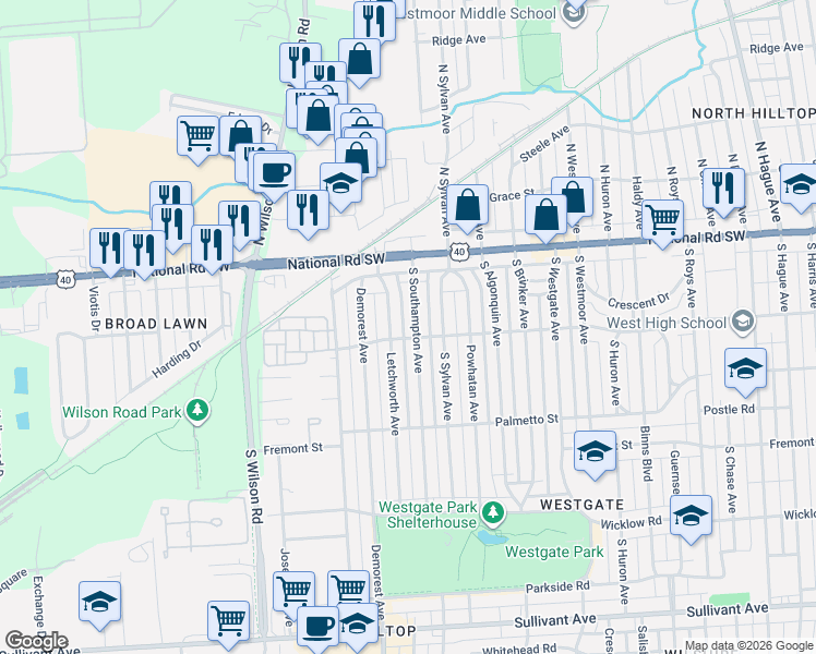 map of restaurants, bars, coffee shops, grocery stores, and more near 80 South Southampton Avenue in Columbus