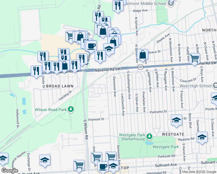 map of restaurants, bars, coffee shops, grocery stores, and more near 72 Derrer Road in Columbus