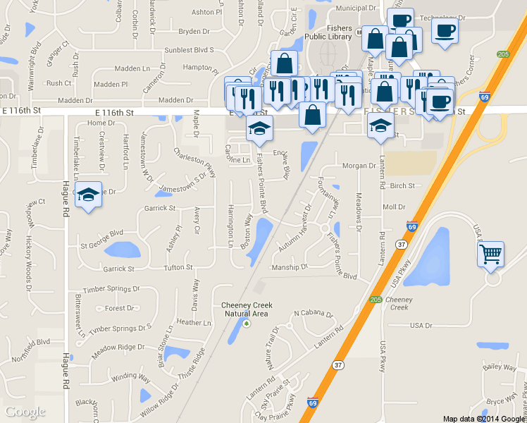 map of restaurants, bars, coffee shops, grocery stores, and more near 11509 Fishers Pointe Boulevard in Fishers