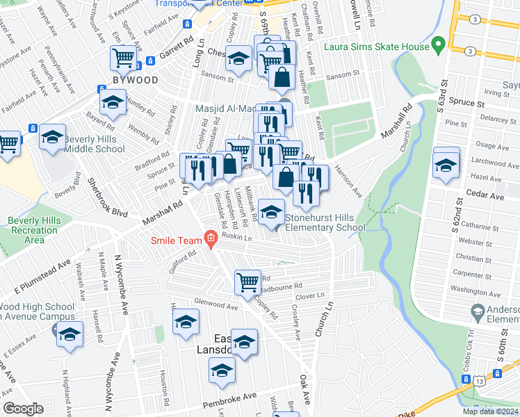 map of restaurants, bars, coffee shops, grocery stores, and more near 510 Woodcliffe Road in Upper Darby