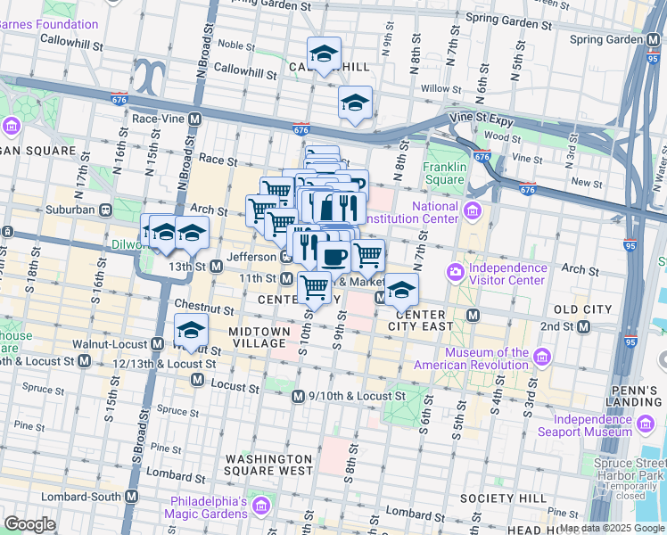 map of restaurants, bars, coffee shops, grocery stores, and more near 901 Market Street in Philadelphia