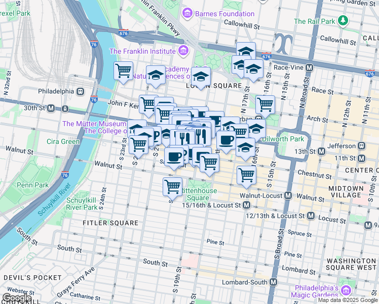 map of restaurants, bars, coffee shops, grocery stores, and more near 1919 Chestnut Street in Philadelphia