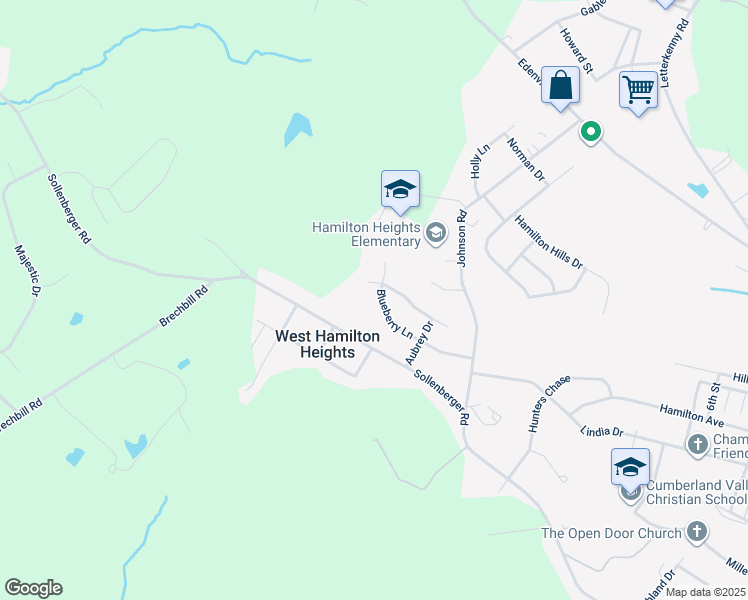 map of restaurants, bars, coffee shops, grocery stores, and more near 981 Blueberry Lane in Chambersburg