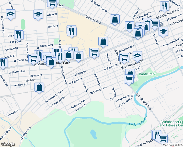 map of restaurants, bars, coffee shops, grocery stores, and more near 1263 West Poplar Street in West York