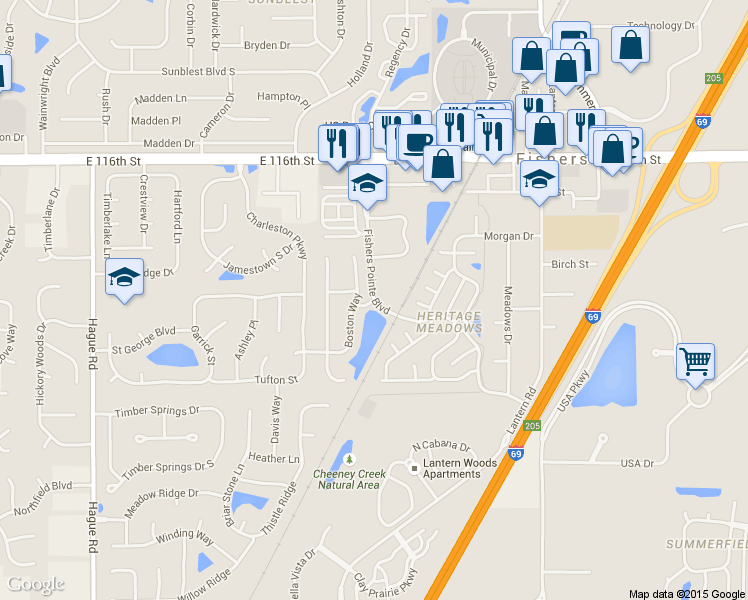 map of restaurants, bars, coffee shops, grocery stores, and more near 11509 Fishers Pointe Boulevard in Fishers