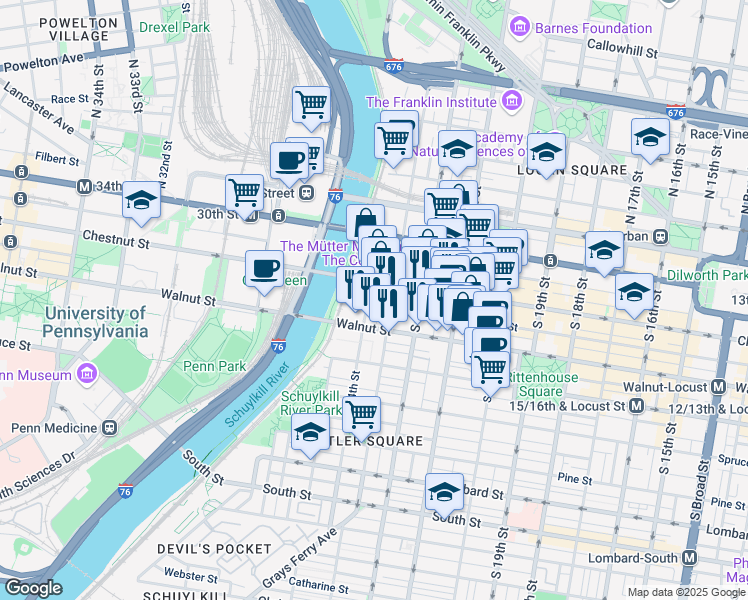 map of restaurants, bars, coffee shops, grocery stores, and more near 2330 Sansom Street in Philadelphia