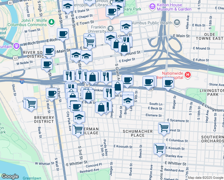 map of restaurants, bars, coffee shops, grocery stores, and more near 310 East Blenkner Street in Columbus