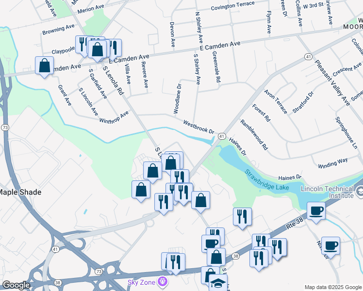 map of restaurants, bars, coffee shops, grocery stores, and more near 512 Regenhard Ave in Moorestown