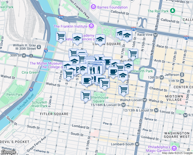 map of restaurants, bars, coffee shops, grocery stores, and more near 1916 Chestnut Street in Philadelphia