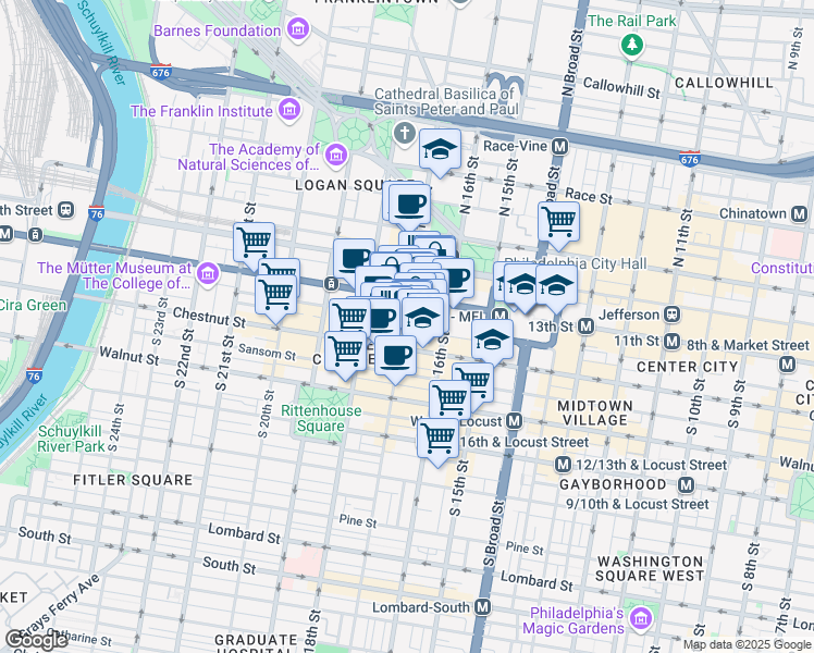 map of restaurants, bars, coffee shops, grocery stores, and more near 99 South 17th Street in Philadelphia