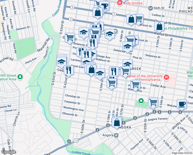map of restaurants, bars, coffee shops, grocery stores, and more near 5930 Cedar Avenue in Philadelphia