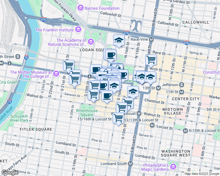 map of restaurants, bars, coffee shops, grocery stores, and more near 99 South 17th Street in Philadelphia