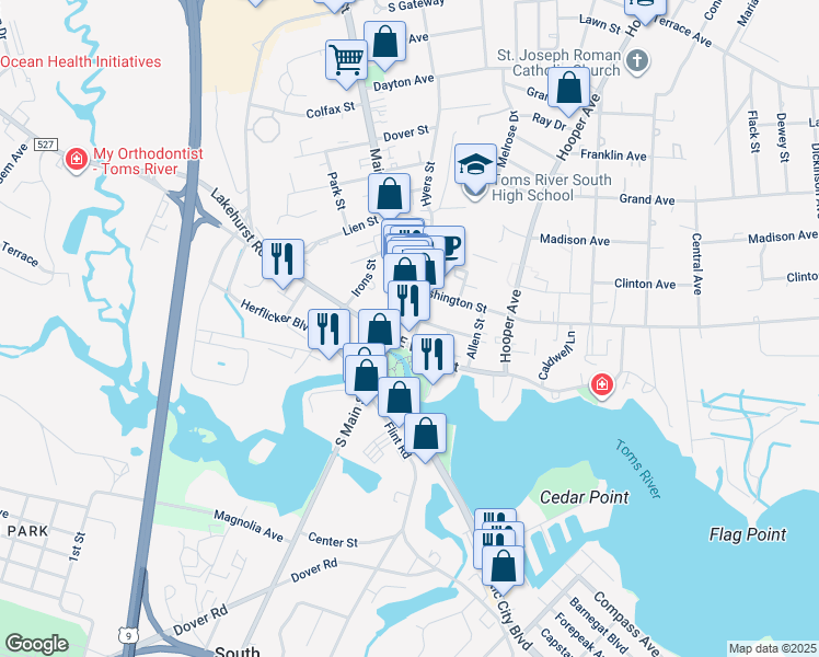 map of restaurants, bars, coffee shops, grocery stores, and more near 22 Robbins Street in Toms River