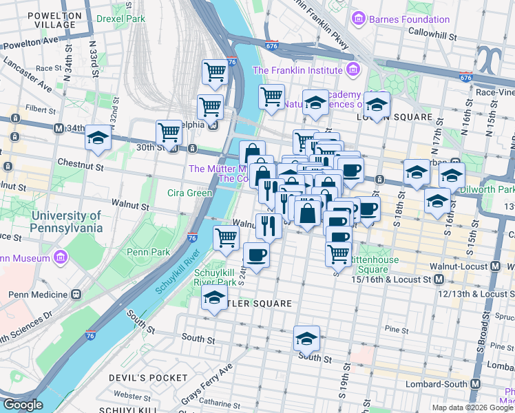 map of restaurants, bars, coffee shops, grocery stores, and more near 2300 Chestnut Street in Philadelphia