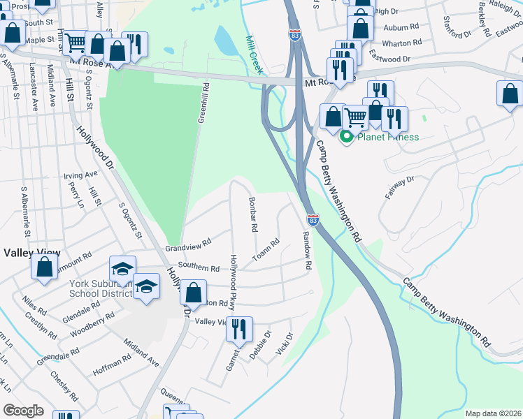 map of restaurants, bars, coffee shops, grocery stores, and more near 1395 Bonbar Road in York