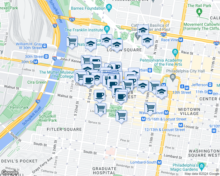 map of restaurants, bars, coffee shops, grocery stores, and more near 1921 Chestnut Street in Philadelphia