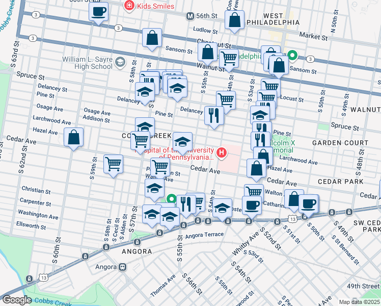 map of restaurants, bars, coffee shops, grocery stores, and more near 526 South 55th Street in Philadelphia