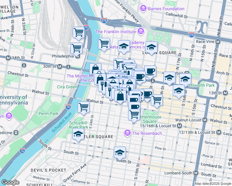 map of restaurants, bars, coffee shops, grocery stores, and more near 25 South Van Pelt Street in Philadelphia