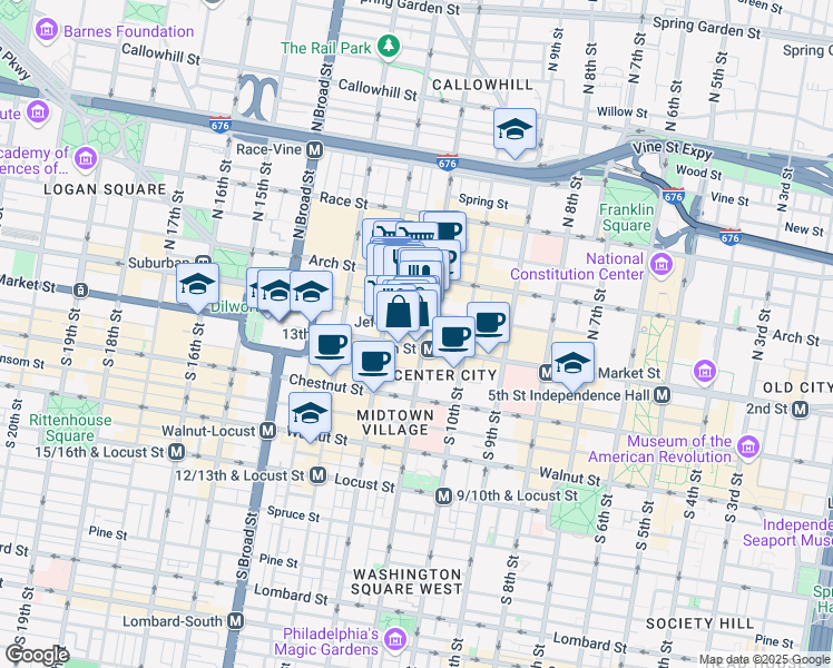 map of restaurants, bars, coffee shops, grocery stores, and more near 1101 Market Street in Philadelphia