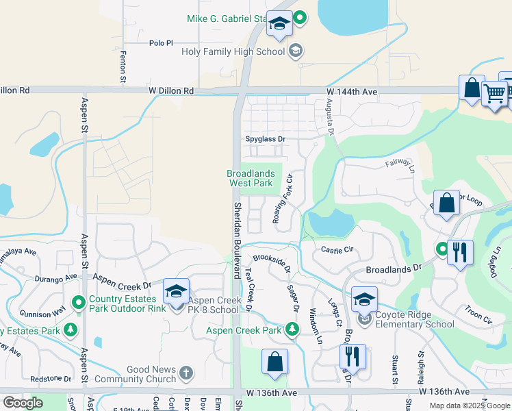 map of restaurants, bars, coffee shops, grocery stores, and more near 5091 Minnow Lane in Broomfield