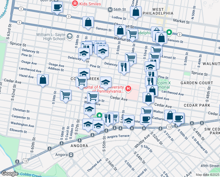 map of restaurants, bars, coffee shops, grocery stores, and more near 526 South 55th Street in Philadelphia