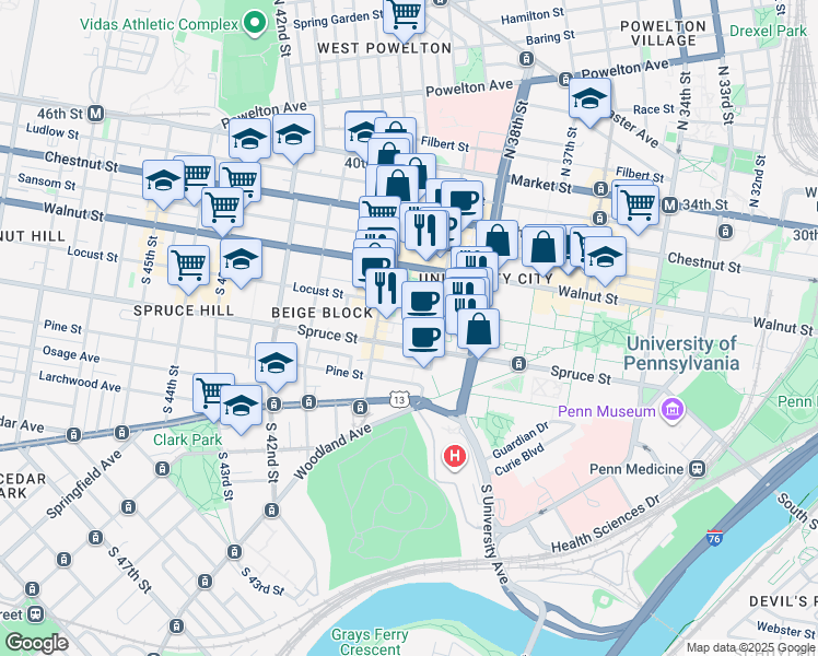 map of restaurants, bars, coffee shops, grocery stores, and more near 3907 Spruce Street in Philadelphia
