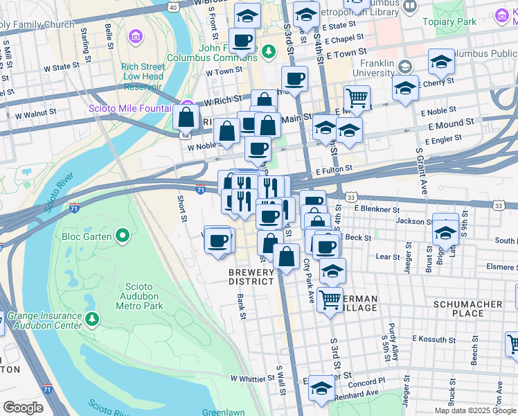map of restaurants, bars, coffee shops, grocery stores, and more near 495 South High Street in Columbus