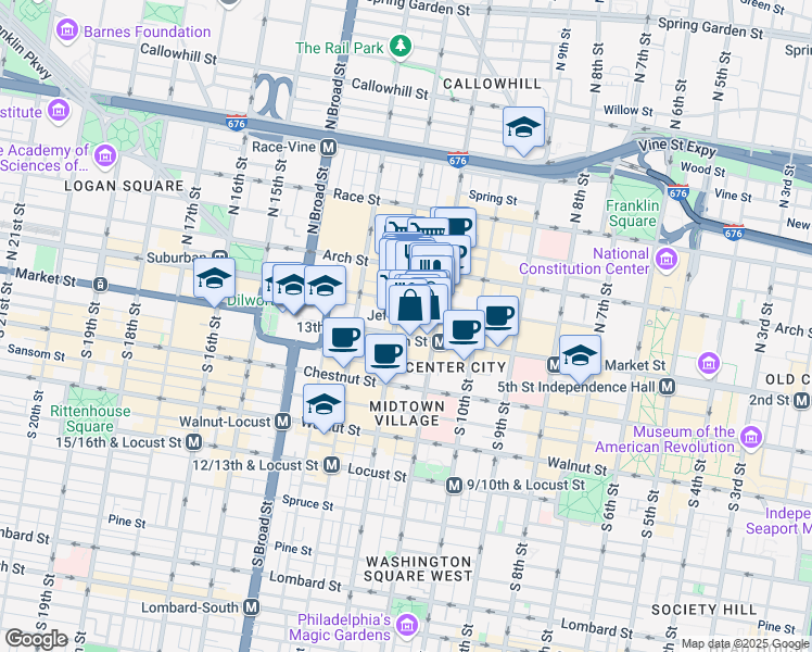 map of restaurants, bars, coffee shops, grocery stores, and more near 51 North 12th Street in Philadelphia