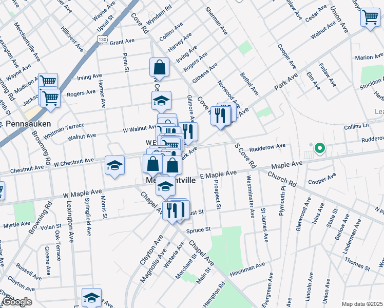map of restaurants, bars, coffee shops, grocery stores, and more near 102 East Chestnut Avenue in Merchantville