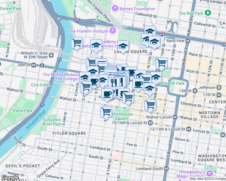 map of restaurants, bars, coffee shops, grocery stores, and more near 1933 Chestnut Street in Philadelphia