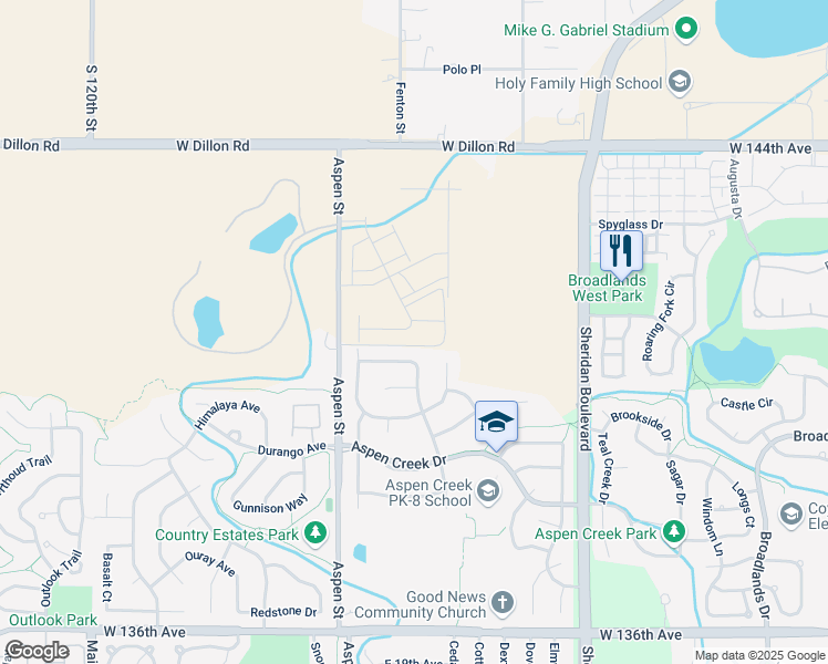 map of restaurants, bars, coffee shops, grocery stores, and more near 14100 Aspen Street in Broomfield