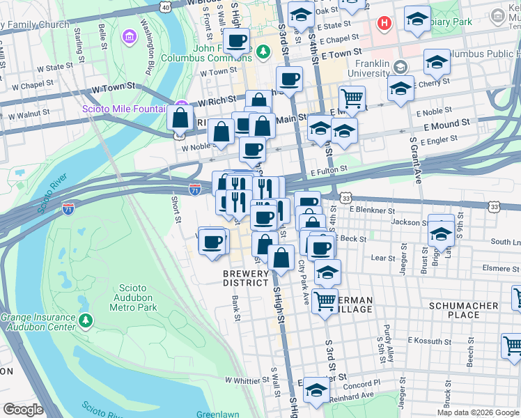 map of restaurants, bars, coffee shops, grocery stores, and more near 495 South High Street in Columbus