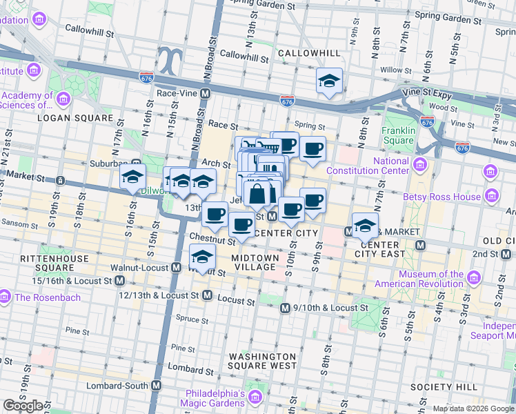 map of restaurants, bars, coffee shops, grocery stores, and more near 1119 Market Street in Philadelphia